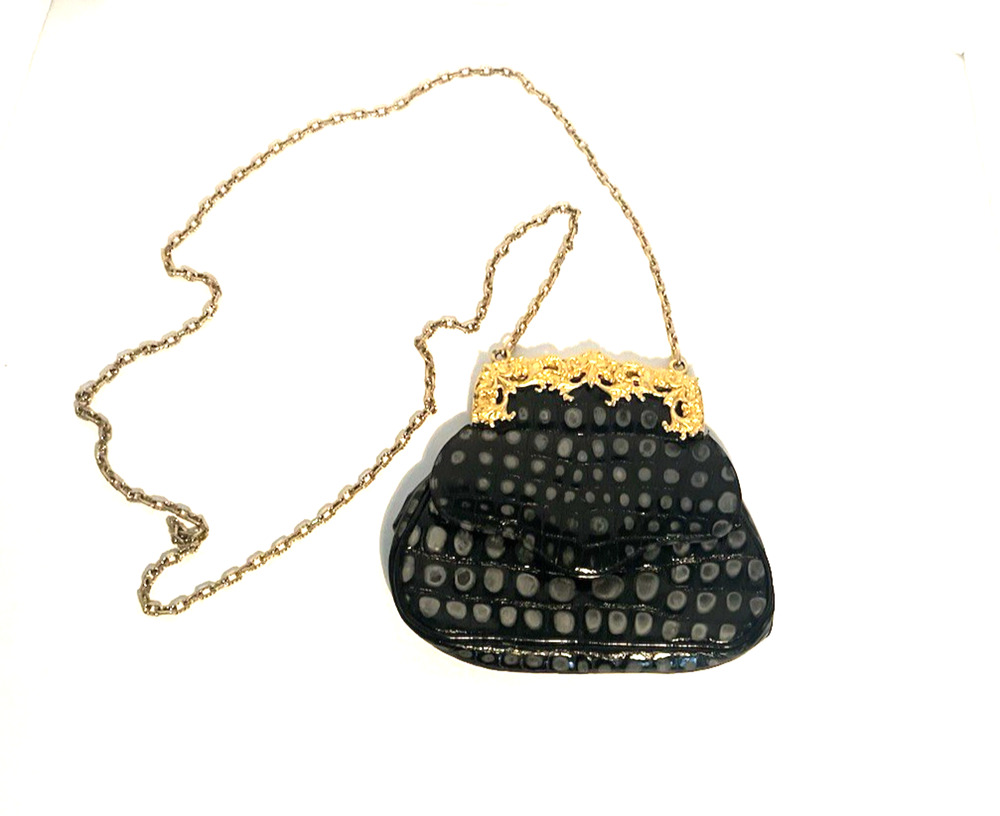 GLEN MILLER FOR ANN TURK EVENING HANDBAG BLACK EMBOSSED LEATHER, EC